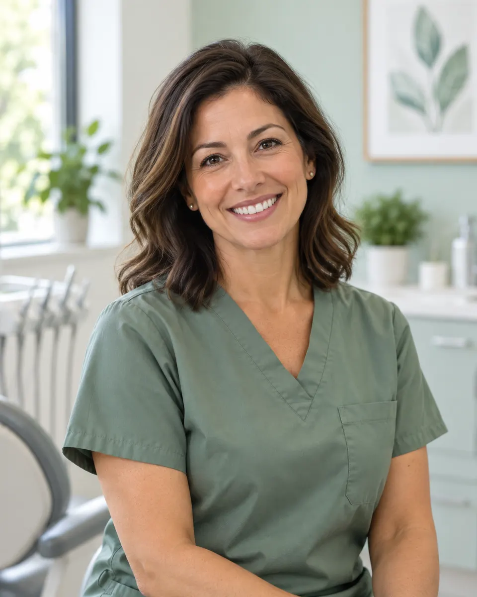 Portrait of Dr. Leila Farah, a fictional Mint Dental clinician